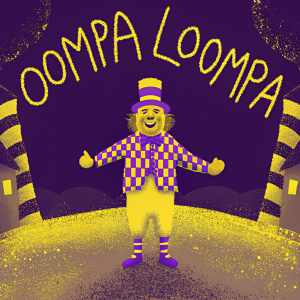 A whimsical cartoon illustration of an Oompa Loompa from 'Charlie and the Chocolate Factory'. The image is vibrant and humorous, with quirky handwritten text around it.