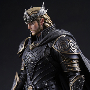 High detail figurine of Gabranth. Square Enix Play Arts Kai. Heroic stance, intricate black armor with decorative patterns. Dark background