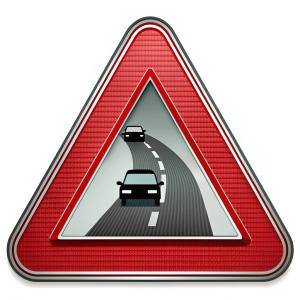 triangular road sign, with red border and interior in white. inside the white triangle there is a road with two cars in opposite directions. the cars are seen isometrically and are driving through a curve. one of the cars is stepping over the middle line. the road has 3 lines, being the two in the lateral continuous, and the middle one is dashed