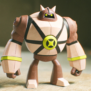 A 3D render of the Ben 10 Omni-Enhanced Cannonbolt toy figure. Robotic, muscular design. Fierce, menacing face. Against a plain black background