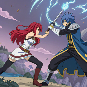 A vivid color illustration of Erza Scarlet and Jellal Fernandes from the anime series Fairy Tail. The illustration features a dynamic scene with the two characters engaged in intense action. The background is a dramatic fantasy landscape with elements of magic and adventure. The panel is designed with bold lines and vibrant colors, capturing the essence of the manga style.
