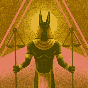 Stylized digital artwork of Anubis, Egyptian god. Golden emblematic design, muscular form, dark skin, sharp features, regal attire.