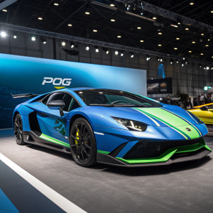 Concept car 'POGtador' showcased at auto expo. Lamborghini Aventador inspired design, featuring bold colors including blue and green. POG logo prominently displayed.