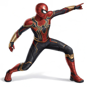 Digital illustration of Spider-Man in his Iron Spider suit, striking a heroic pose. Red, gold, and black colors dominate the design. Against a plain white background.