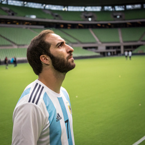 Gonzalo Higuain, intense gaze, wearing Argentina's national team jersey. Bright green pitch, sparse crowd in distance