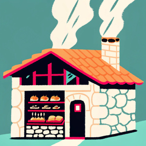 A whimsical cartoon bakery illustration. Rustic brown roof and stone structure visible. Steam rising from a chimney. Colorful and detailed design. Neutral gray background.