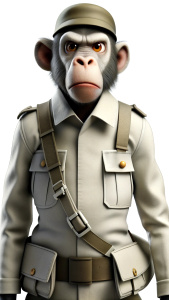 A monkey who wears military clothes and carries 