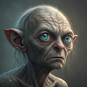 Close-up of Gollum's weathered face, featuring large, sorrowful blue eyes, sparse hair, and skin that appears carved from stone. Grey background.