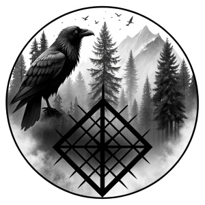 Yggdrasil vegvisir runes  geometric Symbols - raven and trees - perfect realistic art, high-definition, high-definition grey and black, white background 