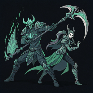 Digital art of champions Thresh and Kalista from League of Legends. Set against a plain, black background, the characters stand in combat-ready poses. The artwork is rendered in shades of gray and green, with intricate details and sharp lines.