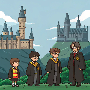Pixel art depiction of Harry Potter at different ages. Hogwarts castle background