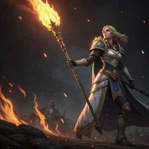 3D digital art featuring Jaina Proudmoore from Warcraft, wielding a flaming torch. Dark, fiery background