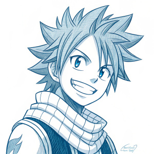 Fan art illustration of Natsu Dragneel from Fairy Tail. Cheerful expression, sketch-like style, limited color palette with shades of blue and white. Sketch lines visible.