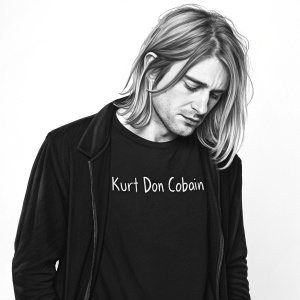 A monochrome illustration of Kurt Cobain, wearing a black shirt with handwritten text 'Kurt Don Cobain'. He has long, wavy hair and a melancholic look. The backdrop is plain white