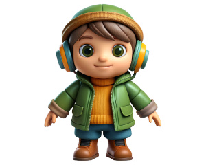 cute dwarf kid in headphones in boots in a jacket with a hat on his head