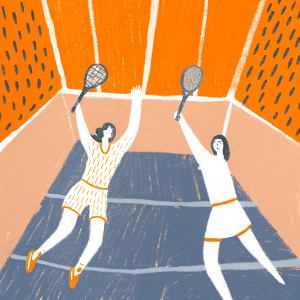 Promotional image for Sony Ericsson WTA Tour. Two tennis players in dynamic poses. Modern, sleek design. Warm-toned wooden wall background.