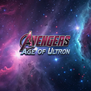 Digital illustration of the Avengers: Age of Ultron logo set against a vibrant, swirling cosmic backdrop.
