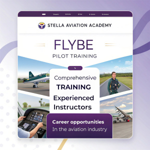 Stella Aviation Academy's homepage for Flybe Pilot Training. Modern, user-friendly design featuring a clean header, colorful graphics, and high-quality images showcasing the training program. Prominently displayed benefits for aspiring pilots in the aviation industry.