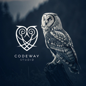 The Codeway Studio logo, a sleek, abstract owl icon. Dark background, lighter details. Minimalist design