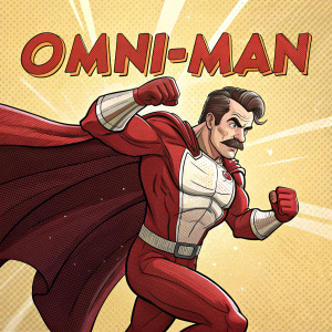 Digital illustration of Omni-Man from Invincible. Character in dynamic pose, determined expression, muscular build. Red cape, tight red bodysuit. Bright yellow background. Comic book style with bold lines and limited color palette. Above: OMNI-MAN
