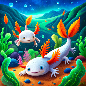 
axolotls under the water, with a lot of sea pnats