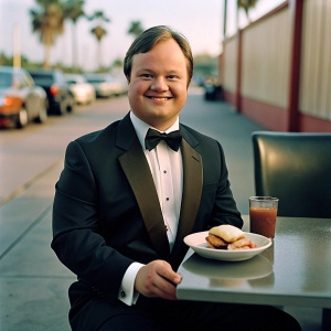 Man with down syndrome in tuxedo, smiling sitting in American roadside burger joint  and eat hamburger, a full-length