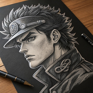 Sketch of Jotaro Kujo from JoJo's Bizarre Adventure. Pencil drawing, black paper, intricate shading