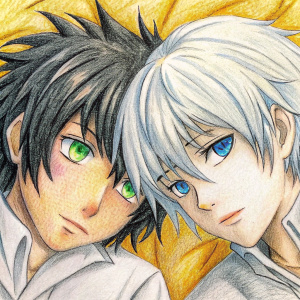 17 years old anime guy with black hair and grey eyes lying with another 17 years old guy with white hair and yellow eyes 