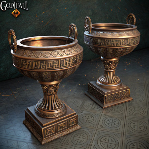 Promotional artwork for Godfall featuring elaborate 3D renderings of ancient Greek-themed objects. The scene includes grand bronze basins with intricate details, set against a dark, textured backdrop. The Godfall logo prominently displayed