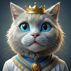 white big fluffy cat has one eyebrow raised high, dressed in a white soccer jersey of real madrid, with crown on head