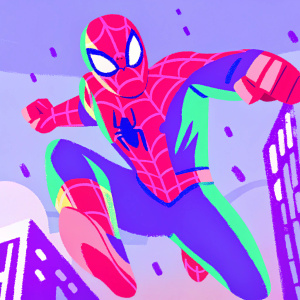 Digital illustration of Spider-Man mid-jump. Aggressive and dynamic pose. Running through a bustling cityscape. The red and blue suit is sleek and modern. Neutral gray background with subtle city outlines.