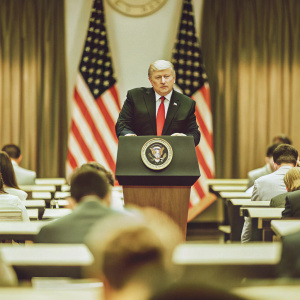 Donald Trump, standing at the podium during a White House press conference. Behind him are the USA flag and the presidential seal.