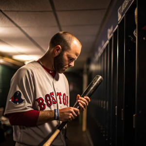 Dustin Pedroia, baseball star, inspecting his bat in the dimly lit locker room. Boston Red Sox logo on his jersey.