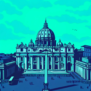 Bird's eye view of St. Peter's Basilica, intricate Baroque architecture, bustling Vatican City.