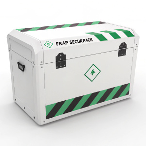 3D rendering of a sleek, white packaging box for Frap Securipack, with bold green and black accents. The design is aimed at deterring pests.