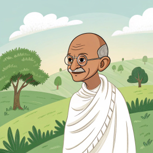 Digital illustration of Mahatma Gandhi. Simple cartoon-style. He wears a traditional white dhoti and shawl. Background: lush greenery of the Indian countryside.