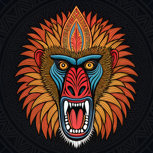 A fierce mandrill illustration, featuring a sharp jawline, gleaming eyes, and a spiky mane. Traditional tribal art style.