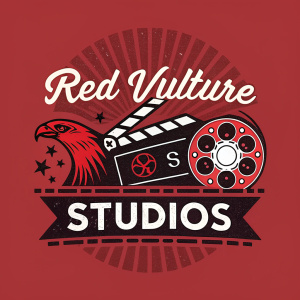 A collection of bold logo designs for Red Vulture Studios, a media solutions studio. Each logo features the text 'Red Vulture Studios' in various stylized fonts and graphic elements inspired by cinema. The color palette predominantly uses red and black.