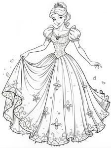coloring page,  Cinderella's torn and worn-out dress, white background, dark black line art