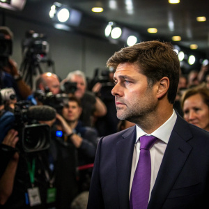 Mauricio Pochettino during a press conference. Solemn expression, dark suit, purple tie. Background is filled with reporters and camera lights
