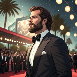 Henry Cavill, bearded and dressed in a formal black tuxedo, stands out at the Cannes Film Festival. Crowd and lights in the background.