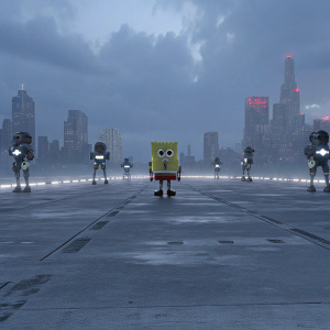 SpongeBob SquarePants, in a neon-lit cyberpunk city, surrounded by holographic displays and robotic companions.