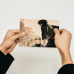 Naruto and Kazuya, from anime series *Naruto*, are shown in a dynamic comic panel. Vibrant colors, detailed artwork, cityscape backdrop, high-action pose