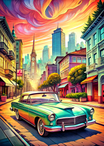   ultra detailed  convertible vintage car in San Francisco ,background, style pop art, , style watecolor, black background,ready for print t-shirt, style art fabric, without horse, full body
