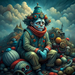 a haggard clown on a pile of junk