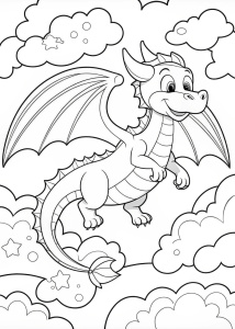 Coloring page, cartoon dragon flying through clouds with a rainbow, looking forward, white background, black line art, no color