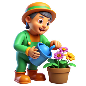 The dwarf is watering the flowers