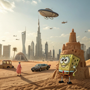 SpongeBob SquarePants in Bikini Bottom, now featuring a futuristic cityscape with flying cars and towering skyscrapers. Sandy Cheeks and Patrick Star stand by a giant sand sculpture of SpongeBob in a barren desert-like environment.