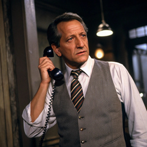 Daniel Travanti as Captain Frank Furillo, in Hill Street Blues attire. Wearing a gray vest, white shirt, and striped tie. Holding vintage telephone in a dimly lit room.