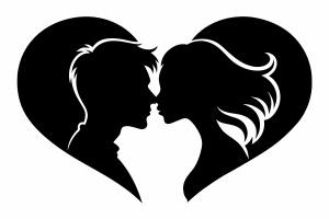 kissing couple black silhouette with heart icon on white background ...